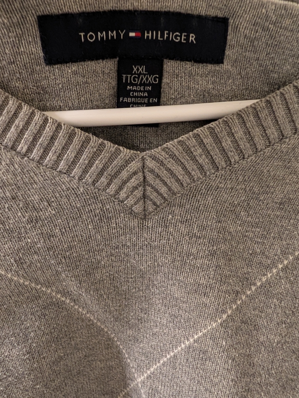Tommy Hilfiger Light Gray V-Neck Argyle Knit Sweater - Picture 3 of 4